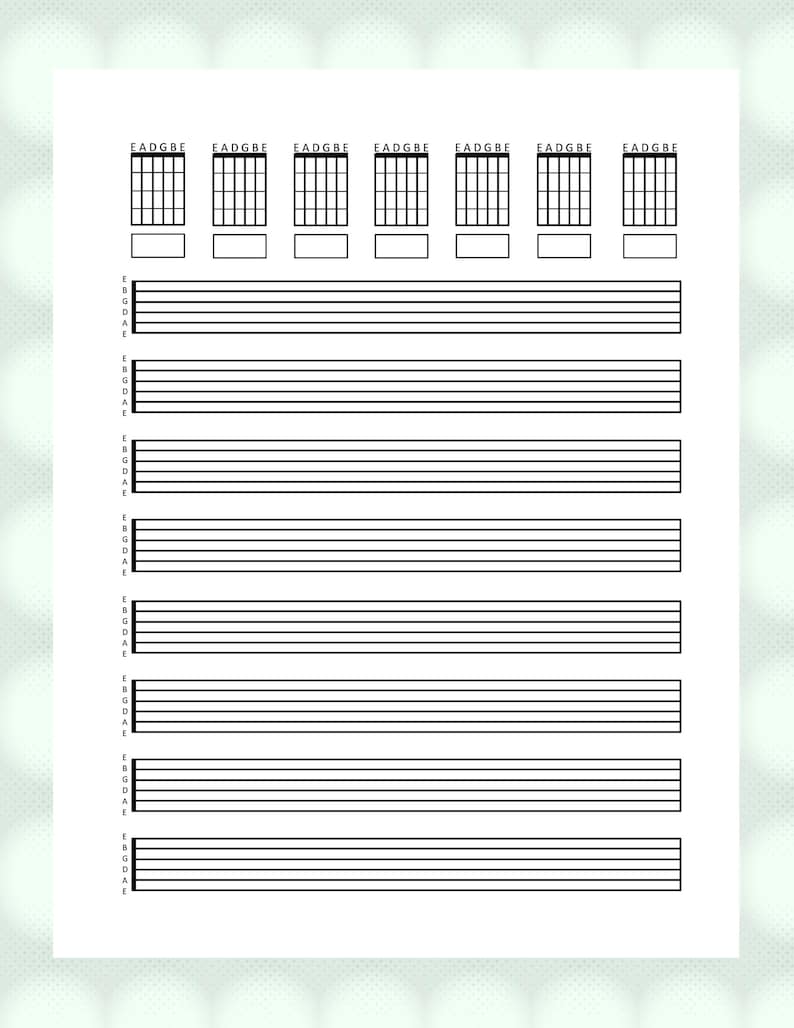Music Composition Using Tab Printable Guitar Composition Sheet Music TAB | 7 Chord Boxes and 8 ...