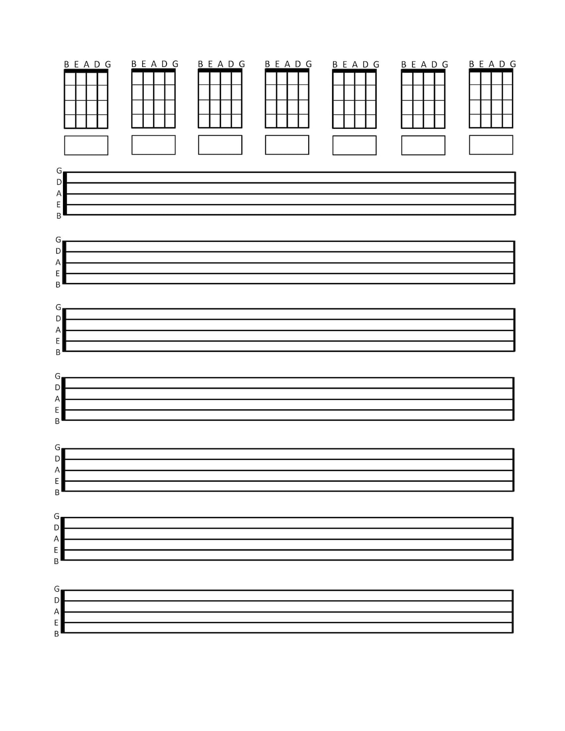 Printable 5 String BASS Guitar TAB Sheet Music for Letter/a4 Printer 7 Chord Boxes and 7 Staves