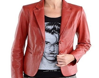 BLAZER ROUGE en cuir d'agneau pour femme | Blazer élégant en cuir FORMAL coupe slim | Blazer de célébrités occidentales avec fermeture à 2 boutons