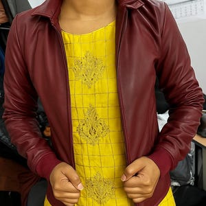 Noori Womens BURGUNDY CROPPED BOMBER Leather Jacket | Cropped Motor Bolero Shrug Biker Jacket | Long Sleeves Beautiful Look |Casual Jacket |