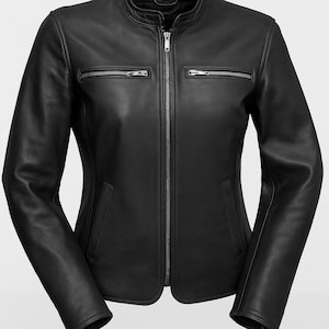 Womens BLACK Leather Jacket, Women Stylish Motorcycle RACER Leather Jacket, Classic Leather Genuine Cafe Racer Jacket, Pure lambskin JACKET
