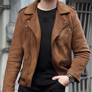 Mens BROWN Suede Leather Jacket | Handmade Slim Fit Motorcycle Biker Suede Jacket | Real Suede Celebrity Jacket Christmas Gift For Him