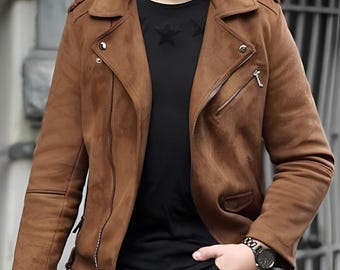 May include: A brown suede leather jacket with a zipper closure and a stand-up collar.