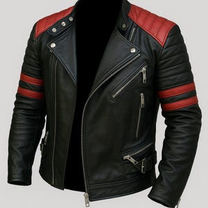 NOORI Blouson en cuir bicolore pour homme NOIR ET ROUGE | Blouson moto matelassé à rayures rouges Café Racer | Veste décontractée et tenue de soirée pour hommes