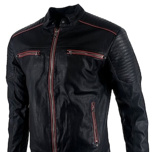 Veste en cuir d'agneau véritable noir de créateur pour homme à rayures rouges | Blouson en cuir motard à rayures noires et rouges Café Racer