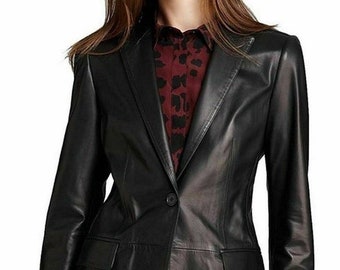 Womens Genuine Lambskin Leather BLAZER | Slim Fit BLACK Leather Jacket | FORMAL Leather Blazer | Wedding Coat, Celebrity Blazer Gift For Her