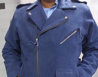 Chaqueta de motociclista de ante azul con cordón lateral para hombre, chaqueta de motociclista de ante para hombre, chaqueta de motociclista de ante, chaqueta de motociclista vintage de ante para hombre