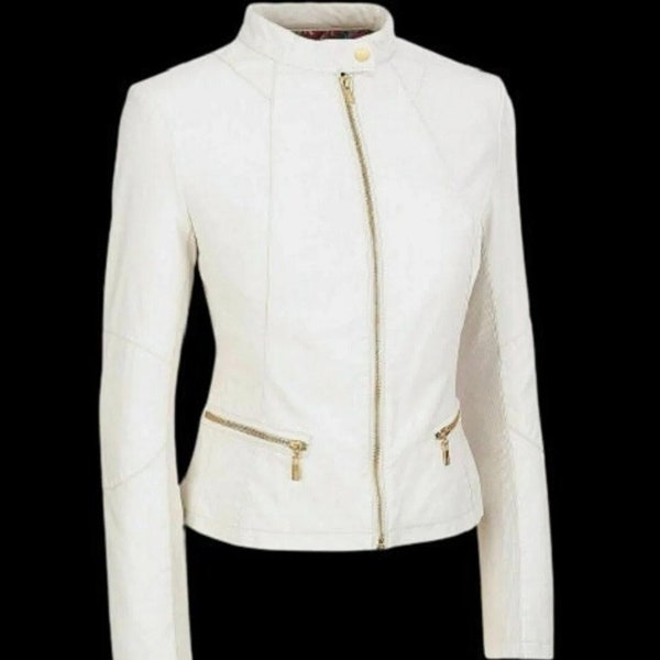 Womens Genuine Lambskin WHITE Leather Jacket | Western Slim Fit Bridal Leather Jacket | White Classic Leather Jacket Special Gift For Wife