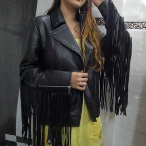 Women&#39;s FRINGE Jacket Leather BLACK | Real Leather Fringed Jacket | Fringe Leather Jacket Vintage Cowgirl Western Jacket Fringed Long Jacket