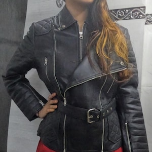 Noori Women's Lambskin Leather Jacket | BLACK Motor Biker Jacket With Belted | Western QUILTED Designer Leather Jacket | Slim Fit Jacket