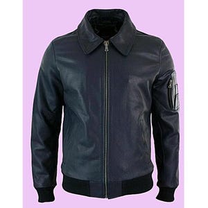 Mens MILITARY Bomber Real Lambskin Leather Jacket, Handmade A-2 Air Force FLIGHT Leather Jacket, RIB Jacket, Men&#39;s Navy Blue Leather Jackets