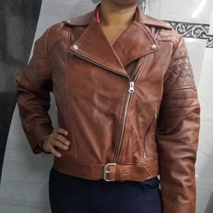Noori Womens BROWN Antique Leather Jacket | Slim Fit QUILTED Biker Leather Jacket | Café Racer DISTRESS Brown Leather Jacket Ladies Gift