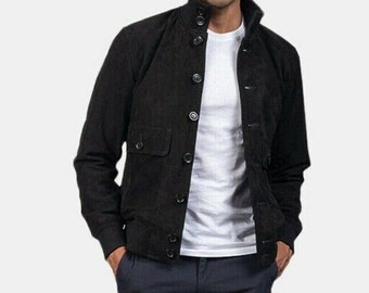 Mens Lambskin Suede Leather Jacket BLACK | Slim Fit Suede BOMBER Leather Jacket With Stand Collar | Personalized Jacket Gift For Him