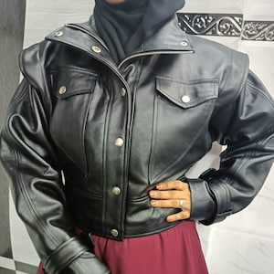 Women&#39;s Short & Cropped Jackets, Real Lambskin BLACK Biker Leather Crop Jacket, Celebrity FASHION Bolero SHRUG Style Leather Jacket fr Women