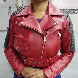 Damen Rot und Schwarz Kombination Shrug Jacke, gesteppte kurze BOLERO Kurzjacke, stilvolle Motor Biker Lederjacke, Geburtstagsgeschenk für Sie