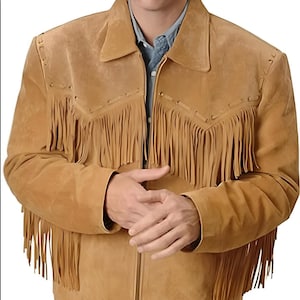 TAN Brown Suede Leather Jacket For Men, Western Style COWBOY FRINGE Suede Jacket, Handmade Tassel Jacket With Whipstitched Suede Jacket