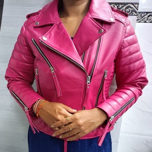 Veste en cuir rose pour femme en cuir d'agneau véritable, veste de motard matelassée en losanges fait main, meilleur cadeau d'anniversaire pour elle