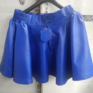 Women&#39;s Real Lambskin leather Skirt, Leather PLEATED Skater Skirt, MINI Leather Skirt, A Line Skirt, Waist ELASTIC - Band Blue Leather Skirt