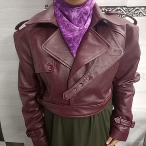 Women&#39;s Real Lambskin Leather BURGUNDY Crop Jacket, Ladies CROPPED Bolero Shrug Style Leather Jacket with Belt, Short BIKER Leather Jacket