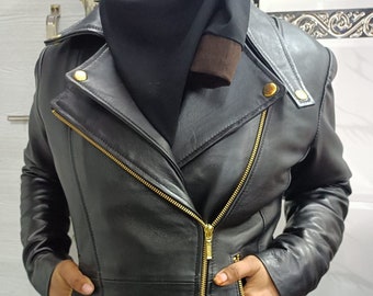 Womens BLACK Lambskin Leather Jacket, Double Collar  MOTORCYCLE Jacket With Golden Zipper  SHEEPSKIN Leather Jacket, Christmas Gift For Her