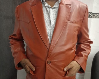Mens Tan Real Lambskin LEATHER Blazer, Stylish Slim Fit Leather COAT For Formal Event & Meeting, Button Closure BLAZER, Wedding Leather Coat