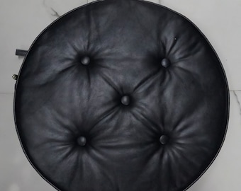 Lambskin BLACK ROUND Edge Leather Chair Pad Ties | TUFTED Button Bench Leather Cushion With Insert | Car Cushion Leather Seat Chair Cushion