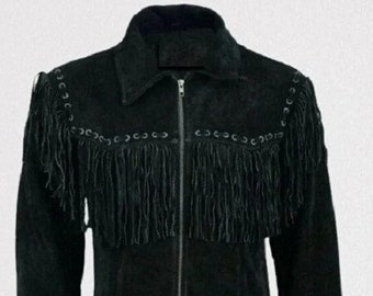 Mens BLACK Suede Leather Jacket, Cowboy Fringe Jacket Biker Suede Jacket, Leather Fringe Jacket, COWBOY FRINGE Jacket, Fringe Suede Jacket