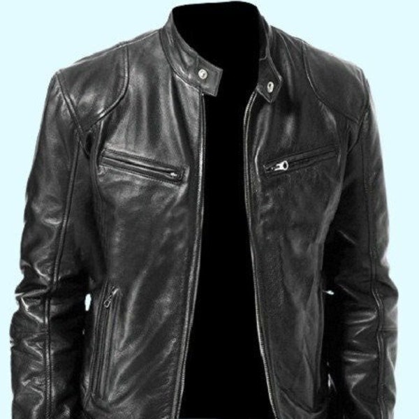 Noori Mens BLACK Leather Jacket |Handmade Jacket | Cafe Racer Leather Jacket | Birthday Gift For Him |  Premium Leather Jacket For Men |