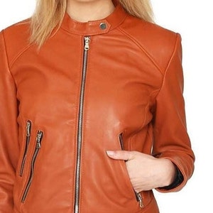 Women&#39;s ORANGE Leather Jacket, QUILTED Designer Party Wear Jacket, BIKER Leather Jacket For Winter Gift, Celebrity Jacket