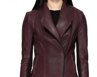 Women's BURGUNDY Leather Jacket, Womens Burgundy Moto Jacket, Handmade Vintage Style Jacket Fully Lined with Polyester, Maroon Bikers Jacket