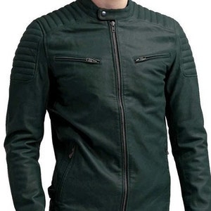 Mens Dark GREEN Leather Jacket | Slim Fit Café Racer MOTORCYCLE Biker  Jacket | Stylish Celebrity Leather Jacket | HALLOWEEN Gift For Her