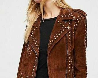 Women BROWN Suede Leather Jacket | Slim Fit Studded Leather Jacket | BIKER Style Suede Jacket For Ladies | Celebrity Party Suede Jacket Gift