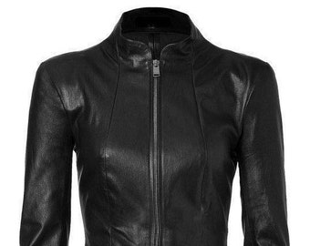 Womens Lambskin Black Leather Jacket | Slim Fit Biker Leather Jacket | Handmade Sheep Leather Jacket With Zipper Closure, Christmas Gift Her