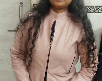 NOORI Women's Baby Pink Leather Jacket | HOT ! Ladies Casual Lambskin Leather Jacket | Designer Leather Outfit | Best Birthday Gift for Her|