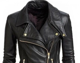 Noori Womens BLACK Lambskin Leather Jacket | Black Leather MOTORCYCLE Jacket With Golden Zipper | SHEEPSKIN Leather Jacket | Gift For Her