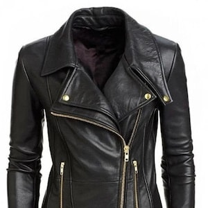 Noori Womens BLACK Lambskin Leather Jacket | Black Leather MOTORCYCLE Jacket With Golden Zipper | SHEEPSKIN Leather Jacket | Gift For Her