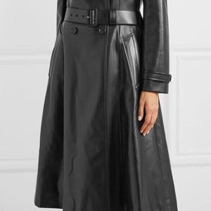 Womens BLACK Leather TRENCH Coat | Slim Fit Double Breasted Leather Overcoat | Ladies Long Coat, Leather Trench Coat For Women, Gift For Her