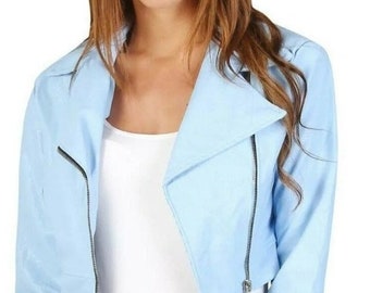 Womens Pale Blue Suede Biker Leather Jacket