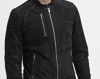 Men's BLACK Suede Leather Jacket | Slim Fit Biker BOMBER Suede Leather Jacket | Soft Celebrity Suede Jacket Christmas Gift Fr Mens - Black