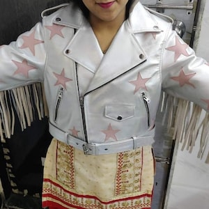 Women SILVER FRINGE Leather Jacket, METTALLIC Pink Star Patchwork Jacket, Designer Leather Jacket, Café Biker Cropped Fringe Leather Jacket