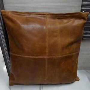 Genuine Lambskin Leather Pillow Cover | Rustic DISTRESS BROWN  Throw | Square Antique Sofa Cushion for Living Room & Bedroom Decor Gift Home