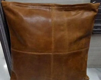 Genuine Lambskin Leather Pillow Cover | Rustic DISTRESS BROWN  Throw | Square Antique Sofa Cushion for Living Room & Bedroom Decor Gift Home