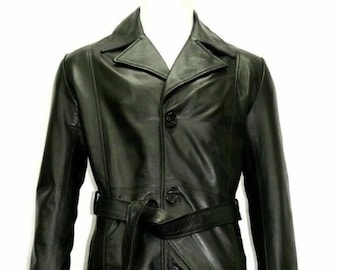 Mens Leather Trench Coat BLACK | Slim Fit Full Length Leather Trench For Mens | Single Breasted Leather TRENCH Overcoat | Belted Long Coat