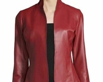 Womens RED Leather Blazer | Lambskin Soft Leather Blazer Coat | Pleated Designer Leather Blazer | Winter Celebrity Ladies Blazer