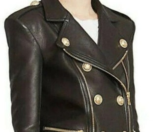 Womens BLACK Leather Jacket | Slim Fit PUNK Style BIKER Leather Jacket | Handmade Sheep Leather Jacket With Belted | Celebrity Movie Jacket