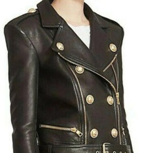 Womens BLACK Leather Jacket | Slim Fit PUNK Style BIKER Leather Jacket | Handmade Sheep Leather Jacket With Belted | Celebrity Movie Jacket