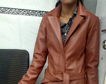 Womens Leather TRENCH Coat TAN | Single Breasted Leather Trench Coat | Hollywood Girls Overcoat | Belted Celebrity Trench Coat |