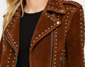 ジャケット・アウター Archive Suede Leather Long Coat Studded Melody Brown Studded Suede Leather Jacket