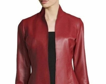 Womens RED Leather Blazer | Lambskin Soft Leather Blazer Coat | Pleated Designer Leather Blazer | Winter Celebrity Ladies Blazer