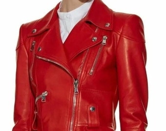 Noori Womens RED Leather Jacket | PEPLUM Asymmetric Biker Leather Jacket | Designer FLARE Leather Jacket With Asymmetrical Zipper Closure